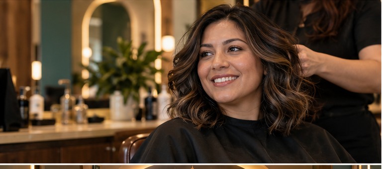 Mujer con cabello peinado en una estética