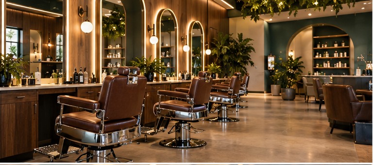 Interior cálido de estética y barbería con sillones y espejos