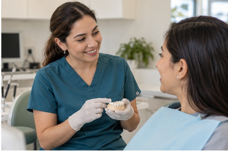Dentista conversando con una paciente durante una consulta ilustrativa