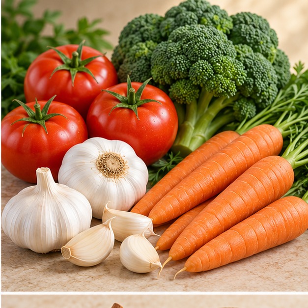Ajos, tomates, zanahorias y brócoli para preparar tus comidas favoritas.