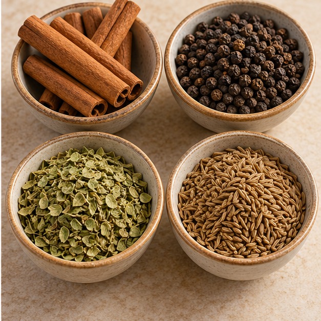 Canela, pimienta negra, orégano y comino para dar aroma y sabor a tus platillos.