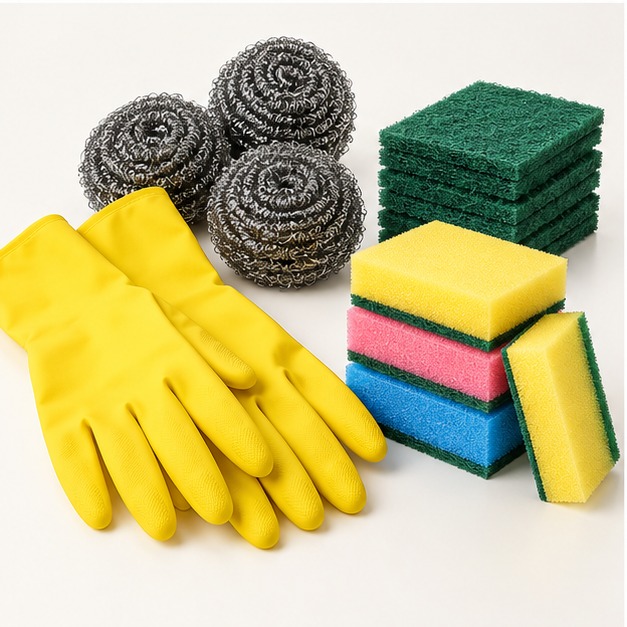 Guantes de limpieza, estropajos y esponjas de diferentes tipos para lavar y limpiar superficies y utensilios.
