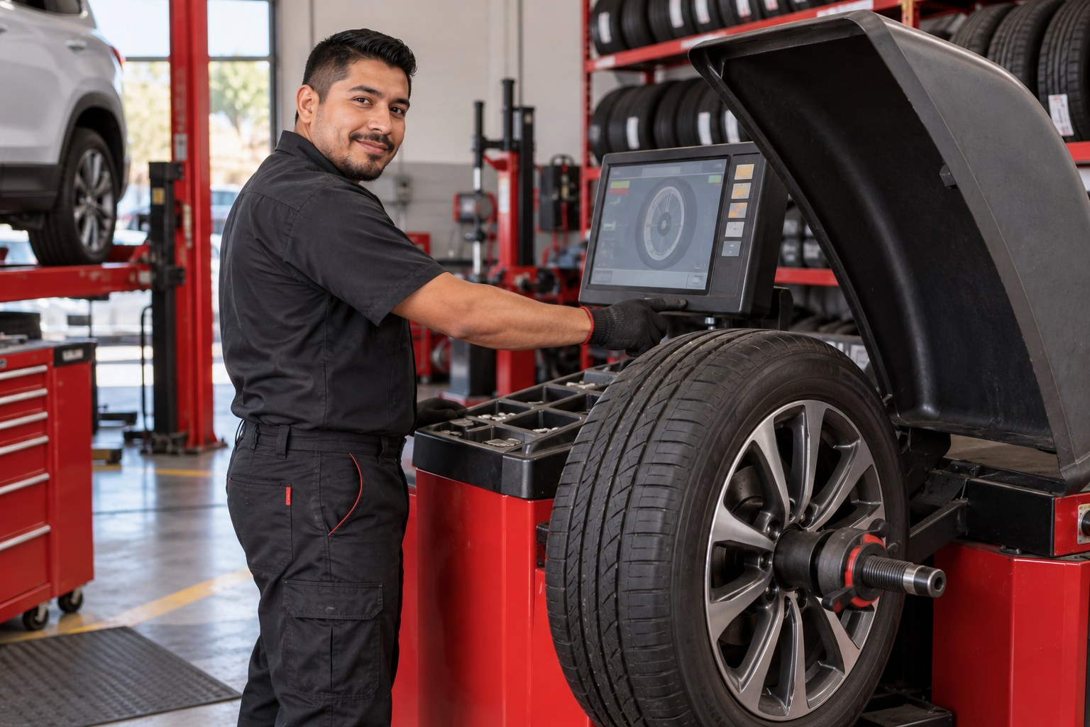 Técnico atendiendo una rueda en una máquina de balanceo