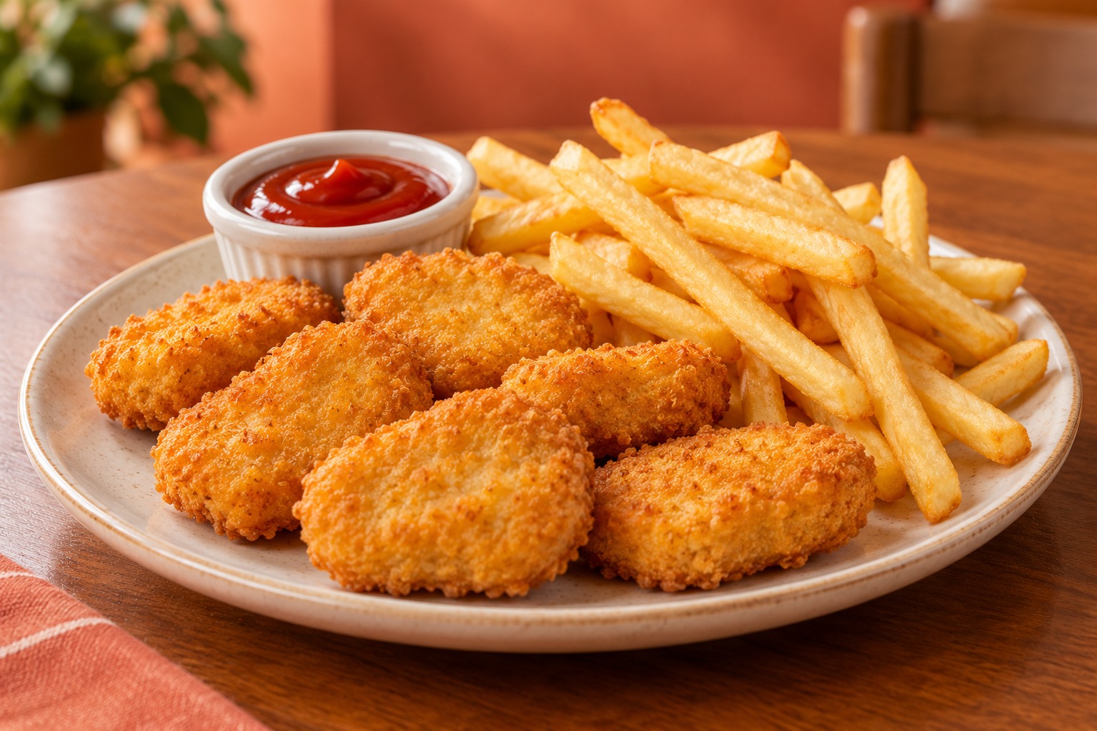 Nuggets de pollo dorados con papas a la francesa para niños